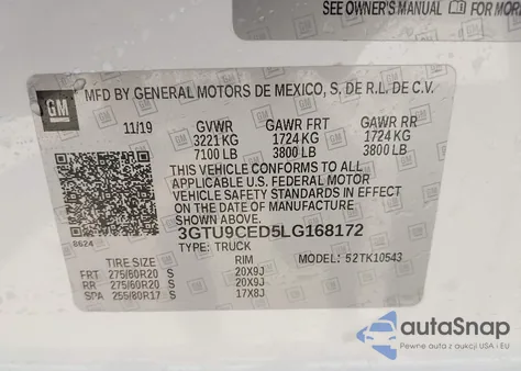 2020 GMC Sierra 1500 z USA, uszkodzony, nr VIN 3GTU9CED5LG168172